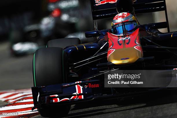 Sebastien Buemi of Switzerland and Scuderia Toro Rosso drives during qualifying for the Monaco Formula One Grand Prix at the Monte Carlo Circuit on...