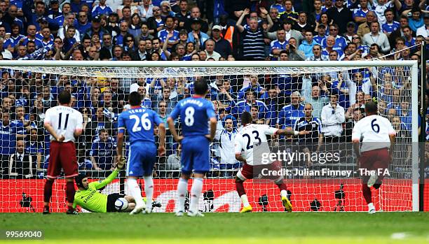 Petr Cech of Chelsea saves a penalty from Kevin-Prince Boateng of Portsmouth during the FA Cup sponsored by E.ON Final match between Chelsea and...