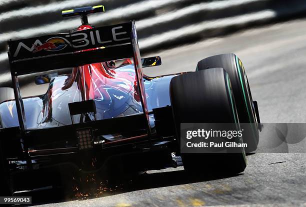 Jaime Alguersuari of Spain and Scuderia Toro Rosso drives during qualifying for the Monaco Formula One Grand Prix at the Monte Carlo Circuit on May...