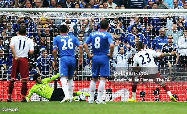 Petr Cech of Chelsea saves a penalty from Kevin-Prince Boateng of Portsmouth during the FA Cup sponsored by E.ON Final match between Chelsea and...