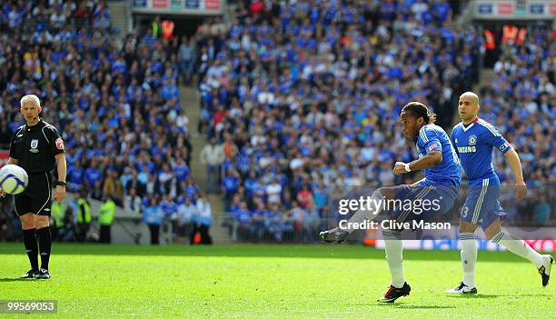 Didier Drogba of Chelsea scores the opening goal during the FA Cup sponsored by E.ON Final match between Chelsea and Portsmouth at Wembley Stadium on...