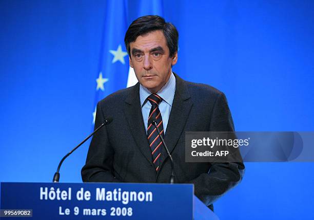 French Prime Minister Francois Fillon prepares before giving a televised speech on March 9, 2008 at the Matignon hotel in Paris. The Government...