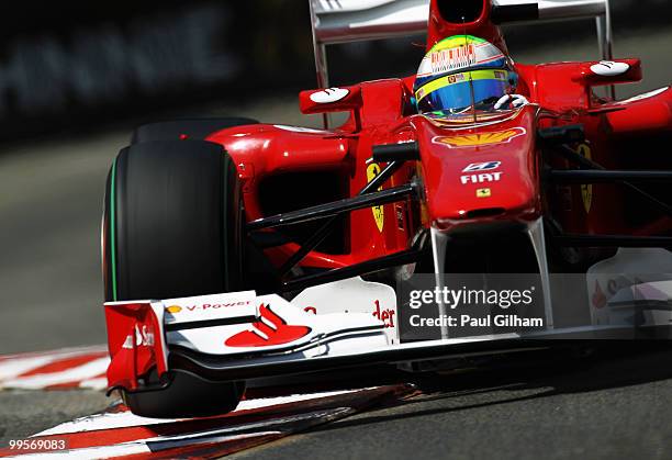 Felipe Massa of Brazil and Ferrari drives during qualifying for the Monaco Formula One Grand Prix at the Monte Carlo Circuit on May 15, 2010 in Monte...