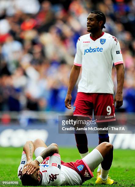 Kevin-Prince Boateng of Portsmouth holds his head in his hands after seeing his penalty saved by Petr Cech of Chelsea during the FA Cup sponsored by...
