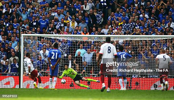 Petr Cech of Chelsea saves a penalty from Kevin-Prince Boateng of Portsmouth during the FA Cup sponsored by E.ON Final match between Chelsea and...