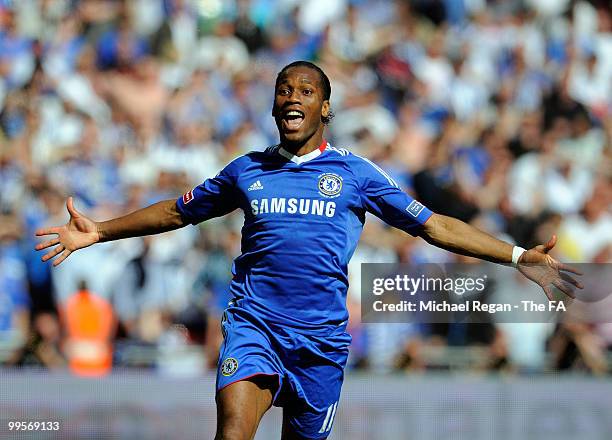 Didier Drogba of Chelsea celebrates scoring the first goal during the FA Cup sponsored by E.ON Final match between Chelsea and Portsmouth at Wembley...