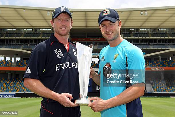 Paul Collingwood of England and Michael Clarke of Australia pose with the series trophy ahead of the ICC World Twenty20 Final at the Kensington Oval...