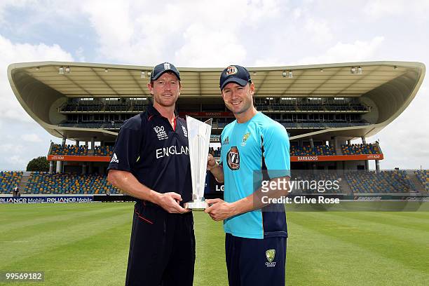 Paul Collingwood of England and Michael Clarke of Australia pose with the series trophy ahead of the ICC World Twenty20 Final at the Kensington Oval...