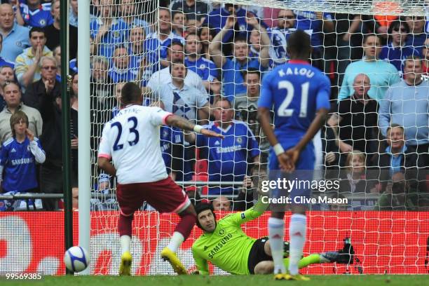 Petr Cech of Chelsea saves the penalty kick of Kevin-Prince Boateng of Portsmouth during the FA Cup sponsored by E.ON Final match between Chelsea and...