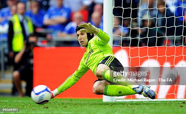 Petr Cech of Chelsea saves a penalty during the FA Cup sponsored by E.ON Final match between Chelsea and Portsmouth at Wembley Stadium on May 15,...
