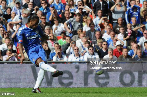 Didier Drogba of Chelsea scores the opening goal during the FA Cup sponsored by E.ON Final match between Chelsea and Portsmouth at Wembley Stadium on...