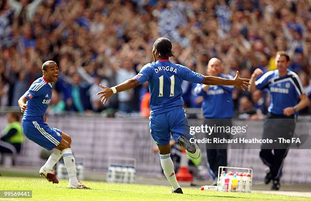 Didier Drogba of Chelsea celebrates with team-mate Ashley Cole after scoring during the FA Cup sponsored by E.ON Final match between Chelsea and...