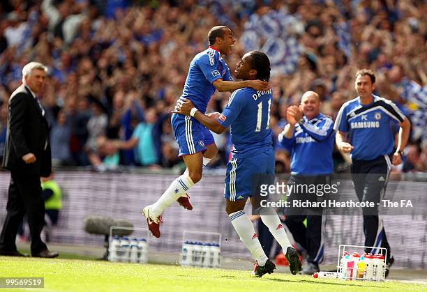 Didier Drogba of Chelsea celebrates with team-mate Ashley Cole after scoring during the FA Cup sponsored by E.ON Final match between Chelsea and...