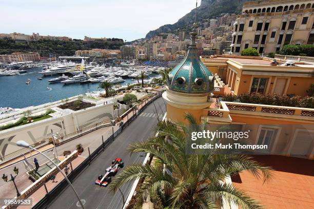 Jenson Button of Great Britain and McLaren Mercedes drives during qualifying for the Monaco Formula One Grand Prix at the Monte Carlo Circuit on May...