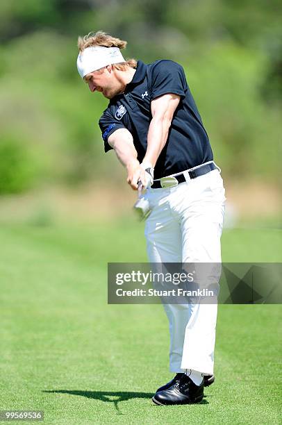 Pelle Edberg of Sweden plays his approach shot on the 10th hole during the third round of the Open Cala Millor Mallorca at Pula golf club on May 15,...