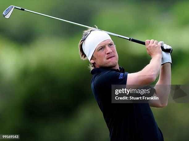 Pelle Edberg of Sweden plays his tee shot on the sixth hole during the third round of the Open Cala Millor Mallorca at Pula golf club on May 15, 2010...