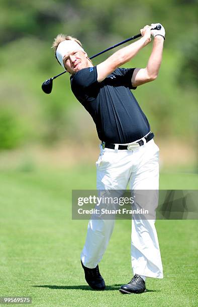 Pelle Edberg of Sweden plays his approach shot on the 10th hole during the third round of the Open Cala Millor Mallorca at Pula golf club on May 15,...