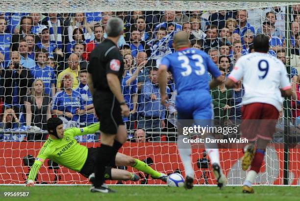 Petr Cech of Chelsea saves the penalty kick of Kevin-Prince Boateng of Portsmouth during the FA Cup sponsored by E.ON Final match between Chelsea and...