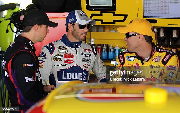 Denny Hamlin, driver of the FedEx Freight Toyota, Jimmie Johnson, driver of the Lowe's Chevrolet, and Kevin Harvick, driver of the Shell/Pennzoil...