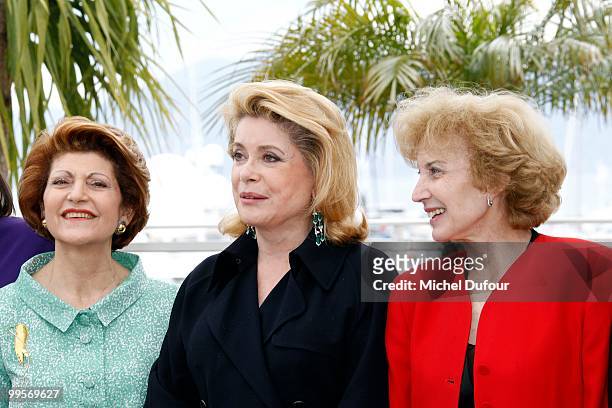 Guest, Catherine Deneuve and Maris Paredes attend the 'Homage To The Spanish Cinema' photocall at the Palais des Festivals during the 63rd Annual...