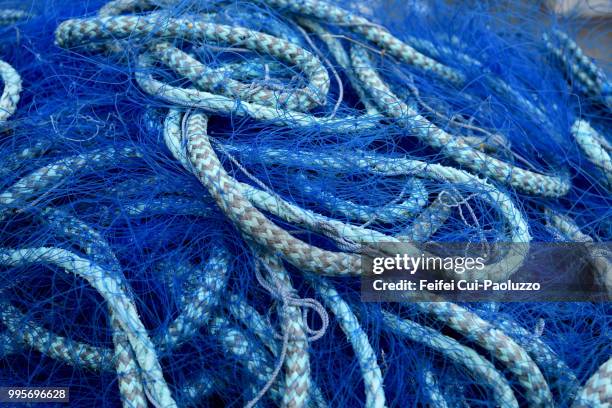 close-up of blue fishing net at vardø, northern norway - comté de troms photos et images de collection
