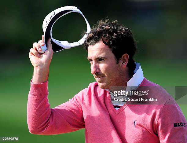 Gonzalo Fernandez - Castano of Spain waves to fans on the 18th hole during the third round of the Open Cala Millor Mallorca at Pula golf club on May...