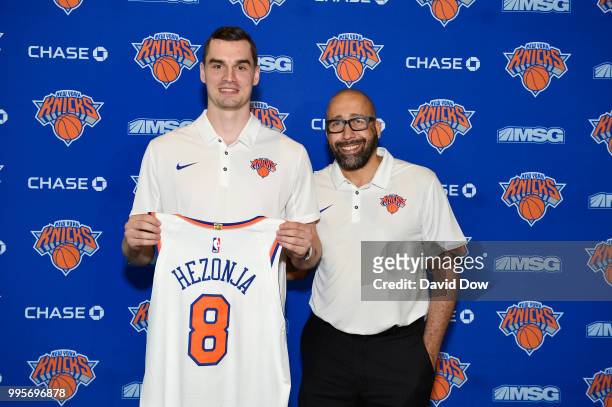 Mario Hezonja and Head Coach David Fizdale of the New York Knicks poses for a photo announcing Mario's signing on July 10, 2018 at Thomas and Mack...