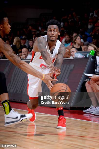 Antonio Blakeney of the Chicago Bulls passes the ball against the Atlanta Hawks during the 2018 Las Vegas Summer League on July 10, 2018 at the Cox...