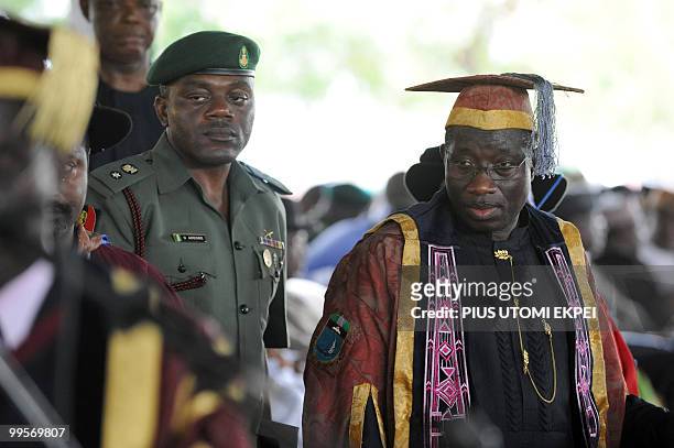 Nigerian President Goodluck Jonathan arrives to attend the convocation of his alma mater at the University of Port Harcourt in Rivers State on May...