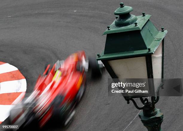 Felipe Massa of Brazil and Ferrari drives during qualifying for the Monaco Formula One Grand Prix at the Monte Carlo Circuit on May 15, 2010 in Monte...