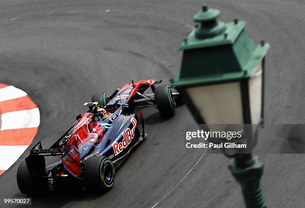 Jaime Alguersuari of Spain and Scuderia Toro Rosso drives during qualifying for the Monaco Formula One Grand Prix at the Monte Carlo Circuit on May...