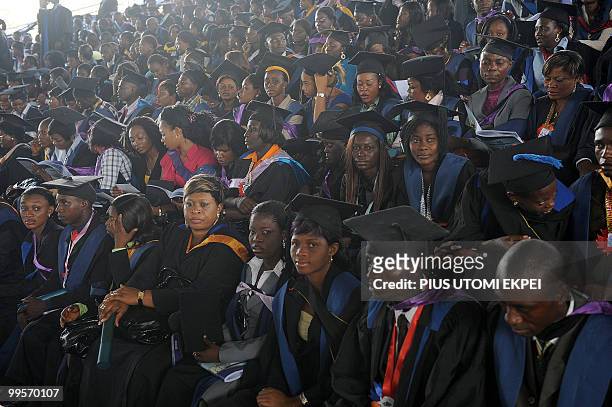 Graduate students listen to Nigerian President Goodluck Jonathan's speech during his visit at his alma mater in the University of Port Harcourt in...