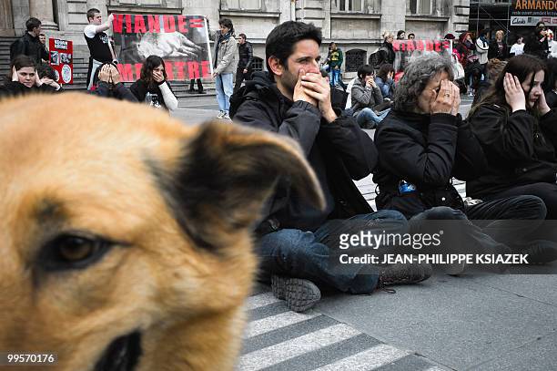 People hiding their mouth, eyes ans ears take part in a rally of Vegetarian activists along with a dog, during the "Veggie pride" demonstration on...