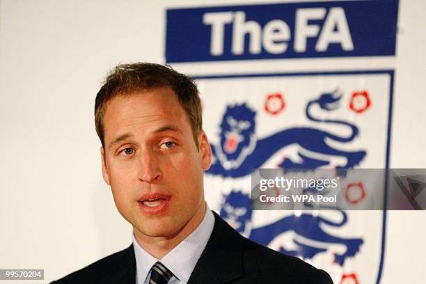 Britain's Prince William speaks about the sportsmanship and fair play awards during the first English Football Association Respect and Fair Play...