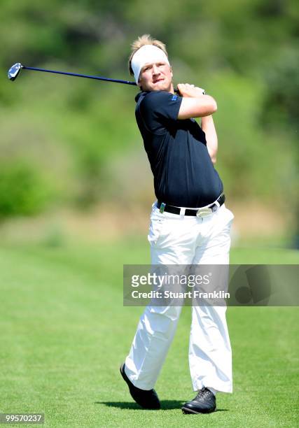 Pelle Edberg of Sweden plays his approach shot on the 10th hole during the third round of the Open Cala Millor Mallorca at Pula golf club on May 15,...