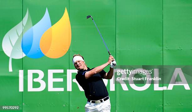 Pelle Edberg of Sweden plays his tee shot on the 13th hole during the third round of the Open Cala Millor Mallorca at Pula golf club on May 15, 2010...