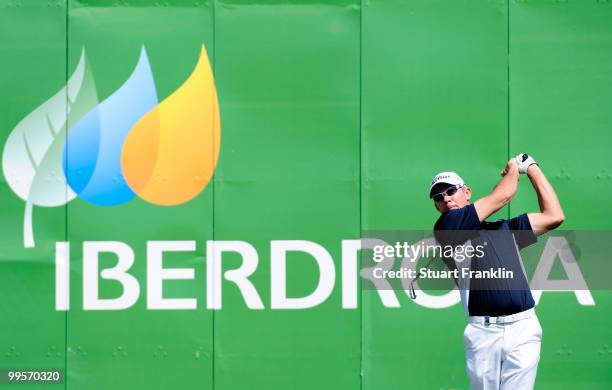 James Kingston of South Africa plays his tee shot on the 13th hole during the third round of the Open Cala Millor Mallorca at Pula golf club on May...