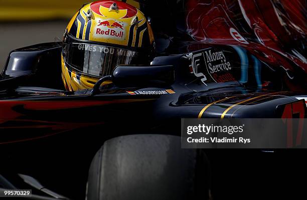 Jaime Alguersuari of Spain and Scuderia Toro Rosso drives during qualifying for the Monaco Formula One Grand Prix at the Monte Carlo Circuit on May...