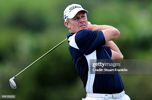 James Kingston of South Africa plays his tee shot on the sixth hole during the third round of the Open Cala Millor Mallorca at Pula golf club on May...