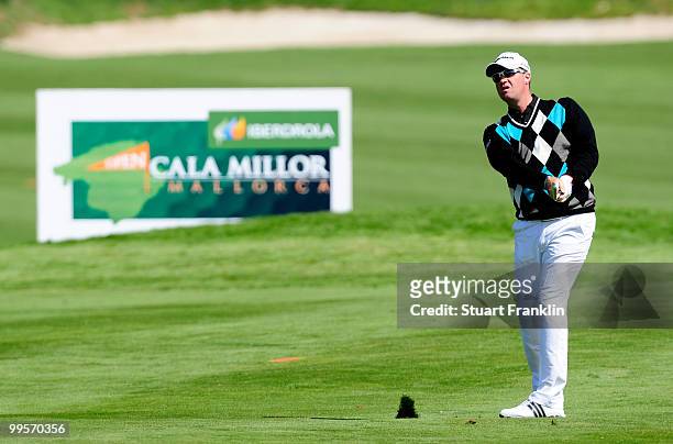 Peter Hanson of Sweden plays his approach shot on the 17th hole during the third round of the Open Cala Millor Mallorca at Pula golf club on May 15,...