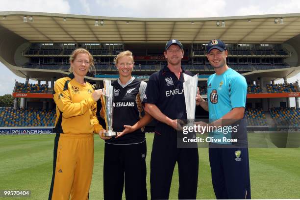 Alex Blackwell of Australia, Aimee Watkins of New Zealand, Paul Collingwood of England and Michael Clarke of Australia pose with the respective...