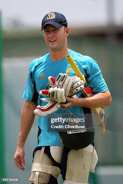 Michael Clarke of Australia looks on during a nets session ahead of the ICC World Twenty20 Final at the Kensington Oval on May 15, 2010 in...