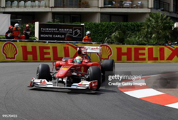 Felipe Massa of Brazil and Ferrari drives during qualifying for the Monaco Formula One Grand Prix at the Monte Carlo Circuit on May 15, 2010 in Monte...