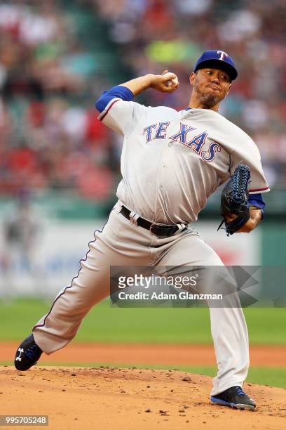 Yovani Gallardo of the Texas Rangers pitches in the first inning of a game against the Boston Red Sox at Fenway Park on July 10, 2018 in Boston,...