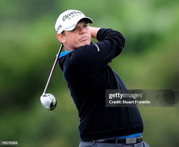 Jamie McLeary of Scotland plays his tee shot on the sixth hole during the third round of the Open Cala Millor Mallorca at Pula golf club on May 15,...