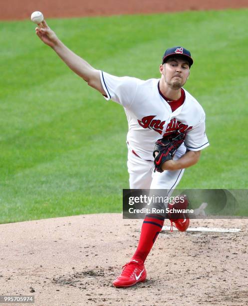 Starting pitcher Trevor Bauer of the Cleveland Indians pitches against the Cincinnati Reds during the second inning at Progressive Field on July 10,...