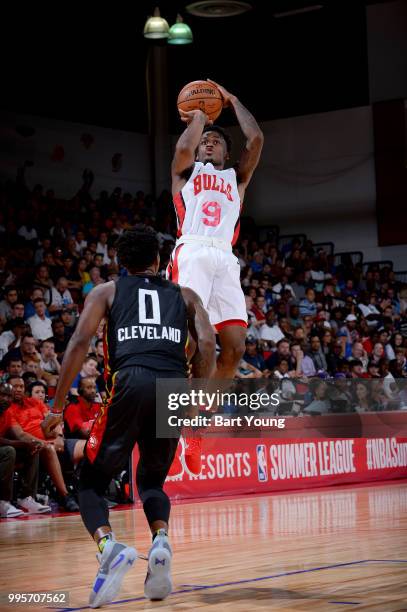 Antonio Blakeney of the Chicago Bulls shoots the ball against the Atlanta Hawks during the 2018 Las Vegas Summer League on July 10, 2018 at the Cox...