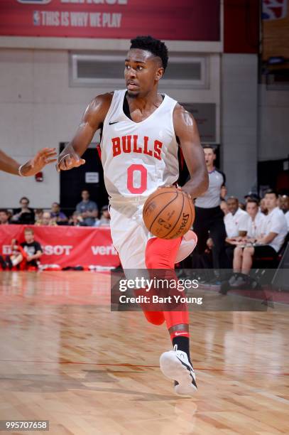 Donte Ingram of the Chicago Bulls handles the ball against the Atlanta Hawks during the 2018 Las Vegas Summer League on July 10, 2018 at the Cox...