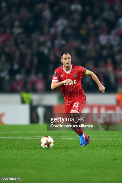 Cologne's Matthias Lehmann plays the ball during the Europa League match between 1.FC Cologne and Red Star Belgrade at the RheinEnergieStadium in...