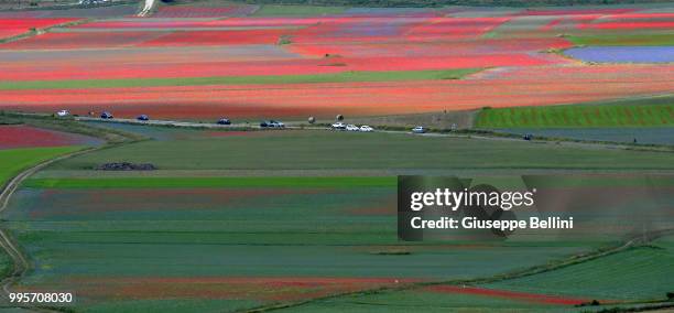 General view during Annual Blossom in Castelluccio on July 10, 2018 in Castelluccio di Norcia near Perugia, Italy.
